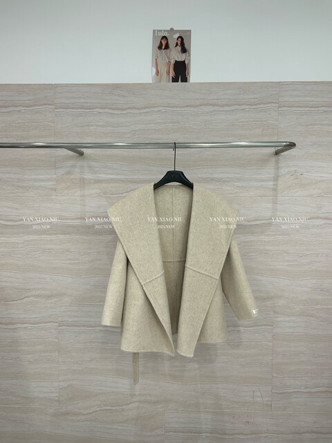 2513-66韩版休闲宽松显瘦大翻领双面羊毛大衣中长款系带毛呢外套