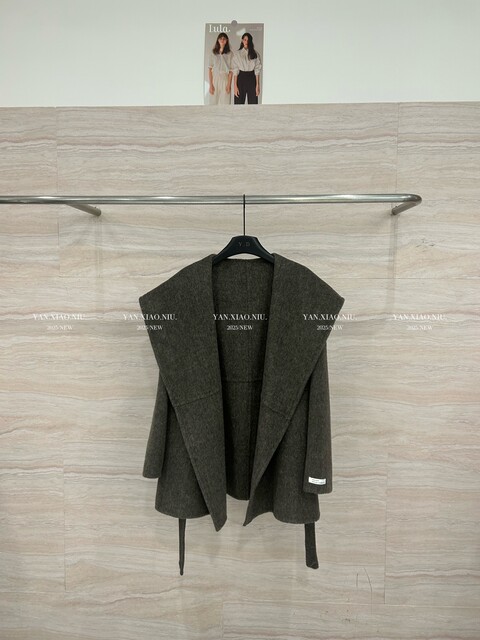 2513-66韩版休闲宽松显瘦大翻领双面羊毛大衣中长款系带毛呢外套