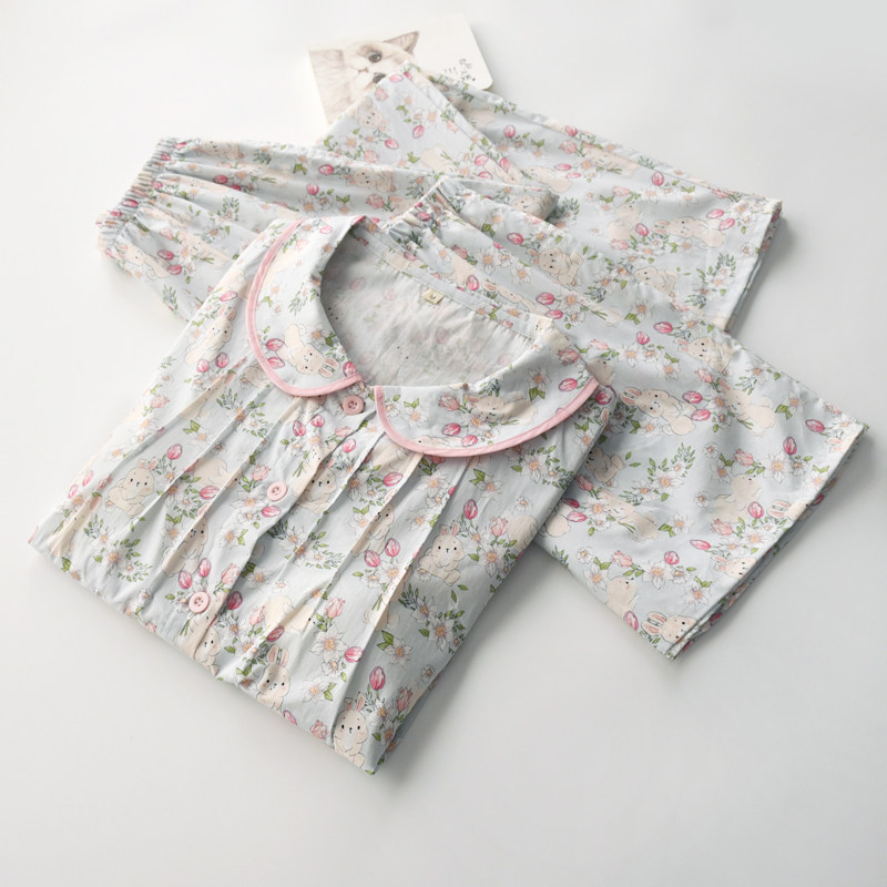 卡通印花带胸垫睡衣女夏季纯棉棉布薄款短袖短裤长裤三件套家居服,淘宝优惠券,粉丝福利购,淘宝优惠卷