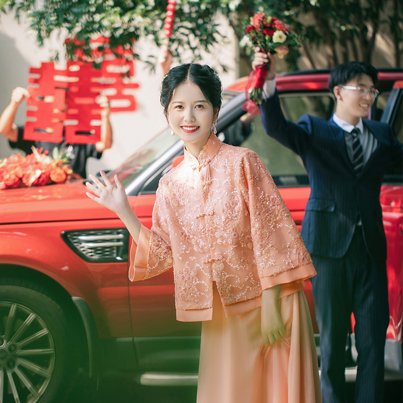 苏爱|婉茹 中国风新中式连衣裙女套装粉色订婚礼服裙改良旗袍结婚