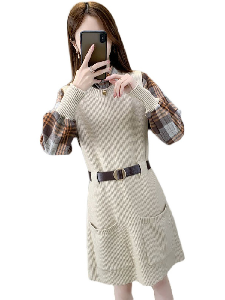 秋冬女装套装针织连衣裙中长款马甲收腰毛衣裙格子衬衫毛衣两件套