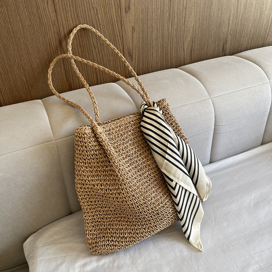 Ins Korean retro straw bag zipper shoulder beach bag simple forest woven tote bag large capacity women's bag