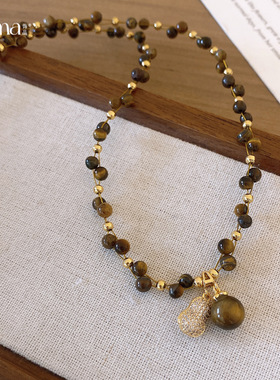 复古美拉德风锆石虎眼石串珠项链