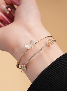 锆石贝母蝴蝶花朵开口手镯