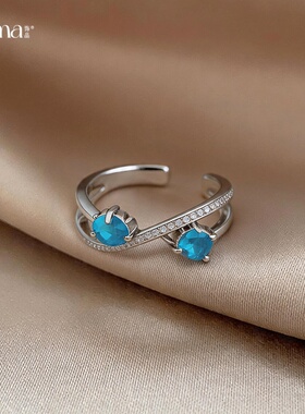 海盐蓝色锆石镂空交叉开口戒指百轻奢感指环甜美小清新手饰女