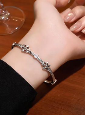 复古精致锆石十字架花朵开口手镯