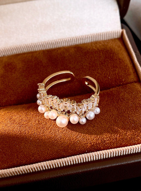 圆形交叉珍珠戒指小众感指环