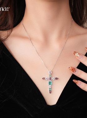 中古风锆石十字架吊坠项链锁骨链