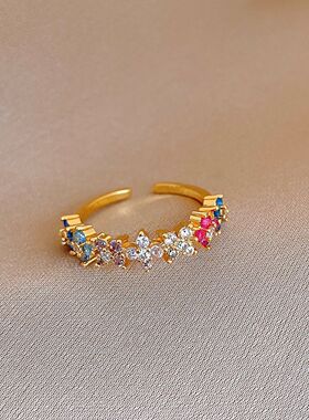 18k金电镀锆石花朵彩色开口戒指