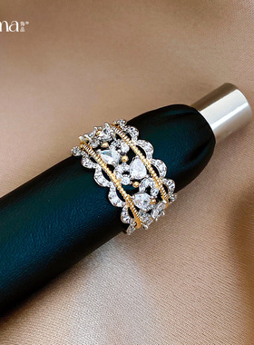 欧美跨境锆石花边镂空开口戒指