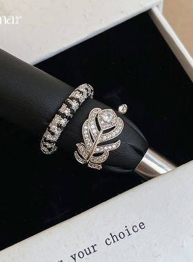 法式复古精致锆石羽毛开口戒指