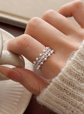 法式时尚锆石镂空珍珠开口戒指