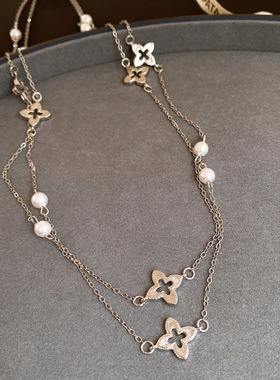 复古简约双层虎眼石串珠花朵项链