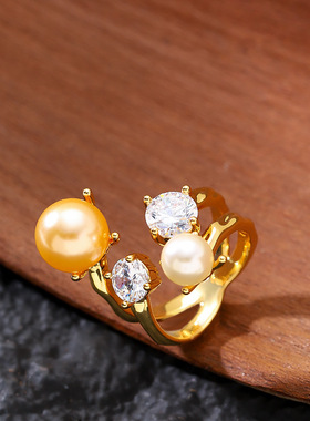 爆闪锆石珍珠可调节开口戒指