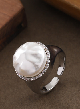 镶钻珍珠可调节情侣闺蜜开口戒指