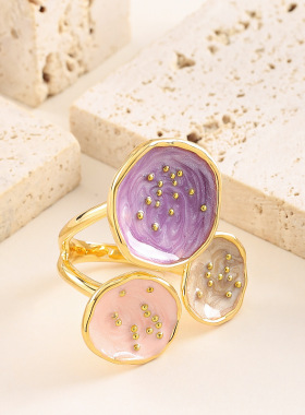 甜美珐琅滴釉荷叶可调节开口戒指