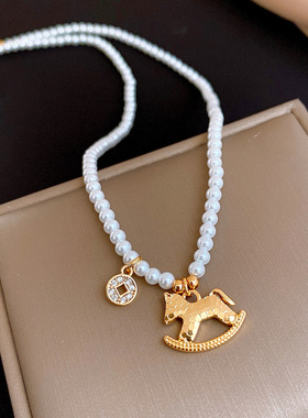 锆石小马爱心珍珠项链锁骨链