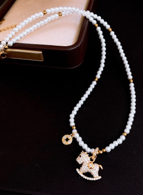 法式复古锆石小马吊坠珍珠项链