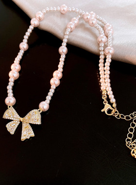 复古精致锆石蝴蝶结珍珠项链