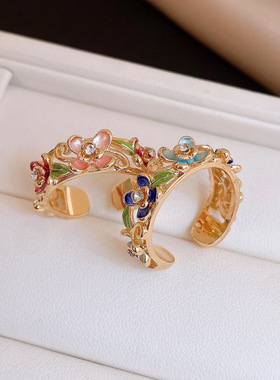 18k金电镀滴油镶钻花朵开口戒指