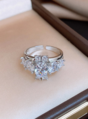 欧美跨境锆石椭圆形镂空开口戒指