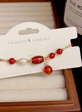 新中式时尚轻奢甜美淡水珍珠红色圆珠手链小众设计感气质手环