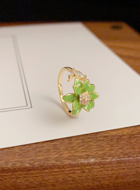 小清新滴油绿色花朵开口戒网红个性时尚独特设计感食指戒配饰