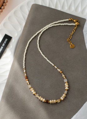 米色贝壳天然石古董米珠串珠项链