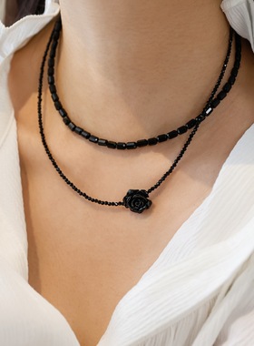 甜酷女孩黑玫瑰花串珠双层项链