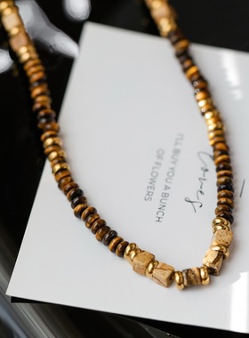 复古高级天然虎眼石隔片串珠项链