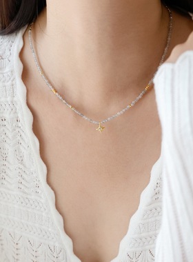 天然石灰色月光石串珠项链