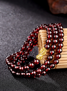 天然酒红石榴石多圈黄金貔貅手串三圈手链3D硬金女款女友生日礼物
