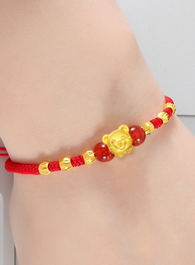 黄金转运珠十二生肖手链男女情侣红绳3D硬金手绳宝宝送礼兔龙蛇马