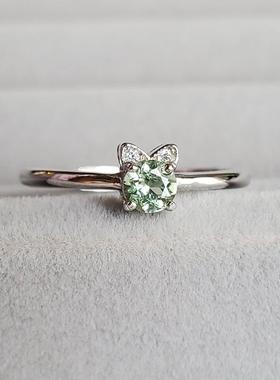 可爱猫咪 迷你天然碧玺宝石 S925纯银镀白金 可调节戒指