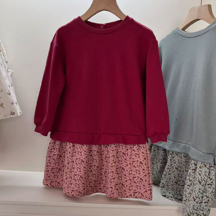 6113女童长袖连衣裙春秋毛圈拼接休闲裙子 80-110cm 特价 - 图1