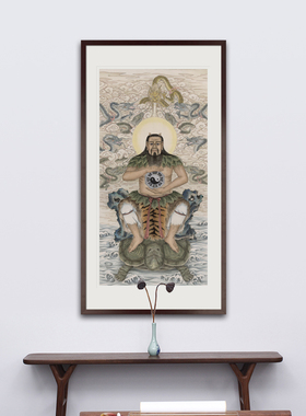 工笔上古神话人物三皇太昊伏羲画像佛堂玄关供奉中式卷轴画框挂画