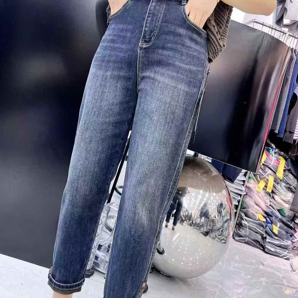 宜语析5703秋加大码牛仔裤女 190斤胖妹mm修身显瘦八九分烟管裤子 - 图0