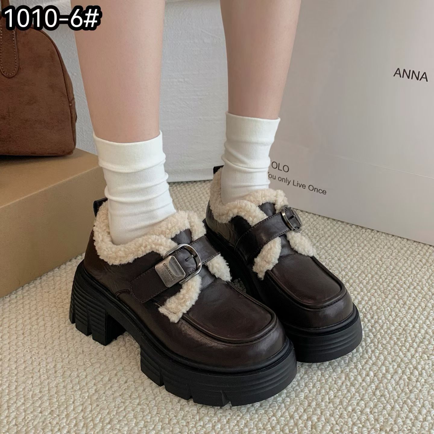 加绒粗跟小皮鞋女2025冬季新款英伦厚底增高毛毛棉鞋一脚蹬乐福鞋 - 图2