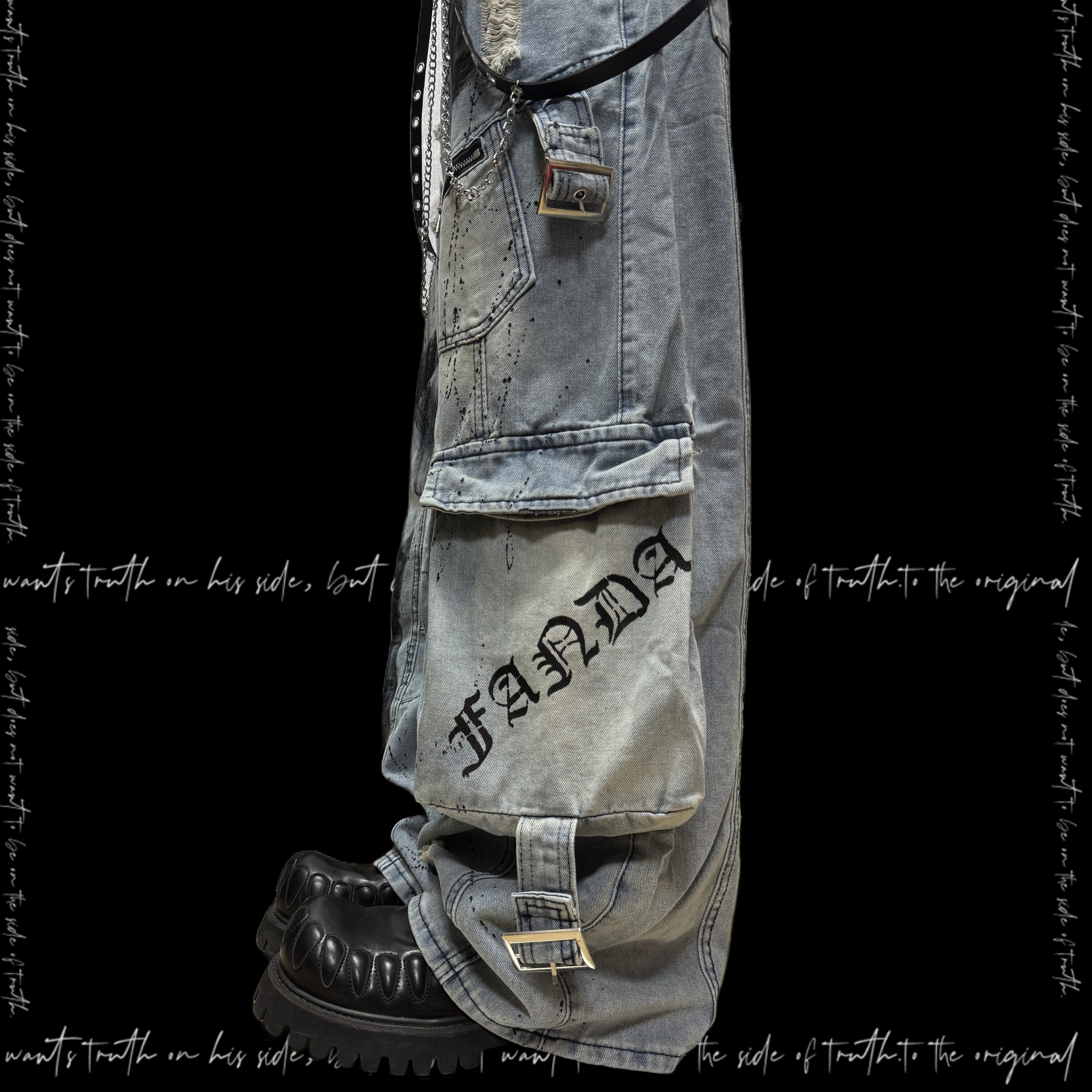 Miub美式街头多口袋涂鸦牛仔裤男女废土风泼墨街头破洞阔腿工装裤,淘宝优惠券,粉丝福利购,淘宝优惠卷