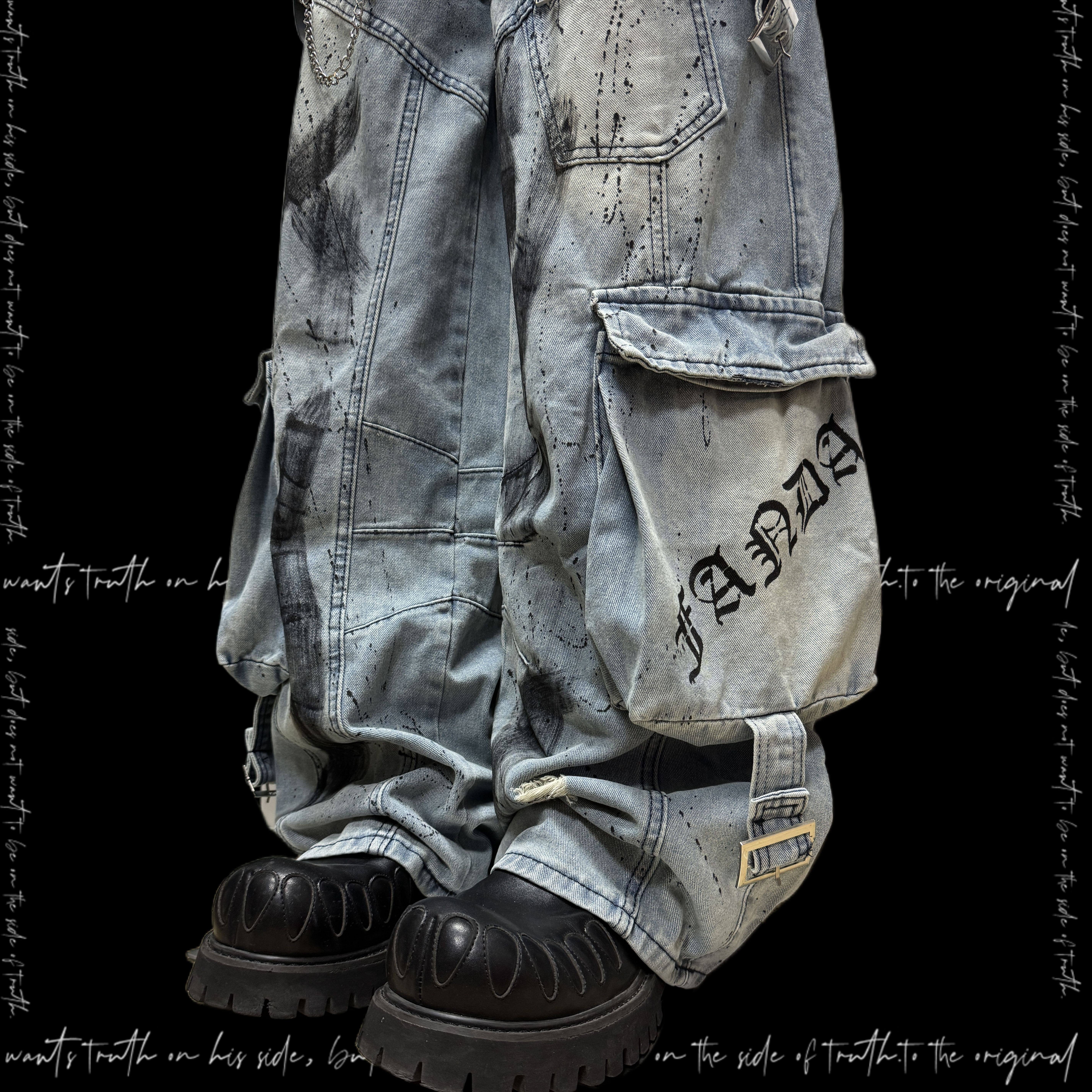 Miub美式街头多口袋涂鸦牛仔裤男女废土风泼墨街头破洞阔腿工装裤,淘宝优惠券,粉丝福利购,淘宝优惠卷