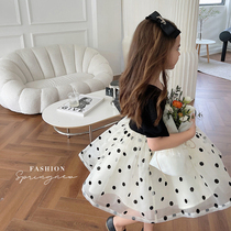 Chenchen Mama 2022 summer new girl Hepburn wind Eugen gauze puff sleeves dress polka dot skirt mid-length version