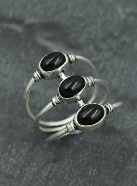 华杰跨境新款时尚个性三层椭圆黑锆石设计指环百搭高级感戒指直销