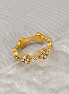 欧美轻奢钛钢18K金微镶彩钻花朵花瓣戒指 清新甜美四叶草百搭指环