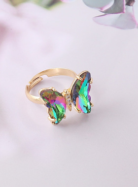跨境欧美新款渐变蝴蝶戒指女个性潮INS女戒时尚气质戒指配饰批发