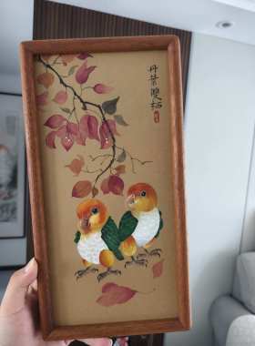 纯手绘中式国风高级感装饰丹叶双栖鹦鹉画