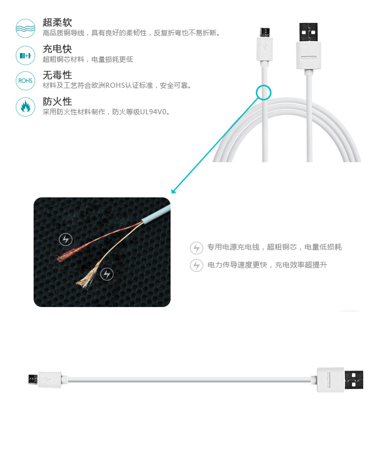 罗马仕自带线原装手机充电线安卓通用数据线2A快充充电宝sense4/6