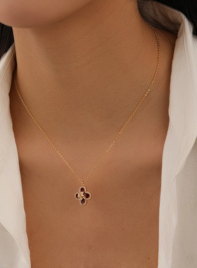 原创欧美时尚可转动红色风车四叶草项链精致轻奢百搭高级感锁骨链