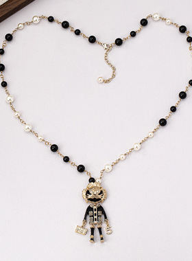 中古黑金小狮子吊坠黑白珍珠项链高级感小香风毛衣链女洋气项饰品