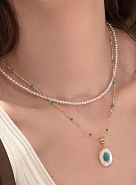 绿松石珍珠项链叠戴女配饰锁骨链秋冬高级感轻奢小众吊坠颈链饰品