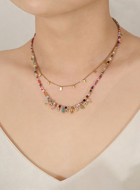 春夏新款度假风小众多宝石彩色项链小花锁骨链设计多巴胺配饰